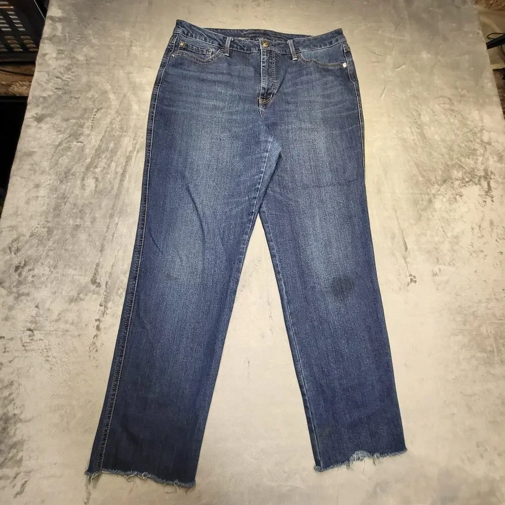 Seven7 Jeans Womens 12 Blue Stretch Straight Leg Frayed Hem Embroidered Pockets